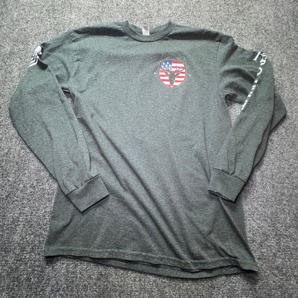 Hero-Hunts Mens M Long Sleeve Graphic T-Shirt Grey American Flag Deer Hunt USA